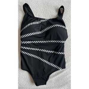 Longitude Womens Black White Striped Tummy Control One Piece Swimsuit Sz 2X 2XL